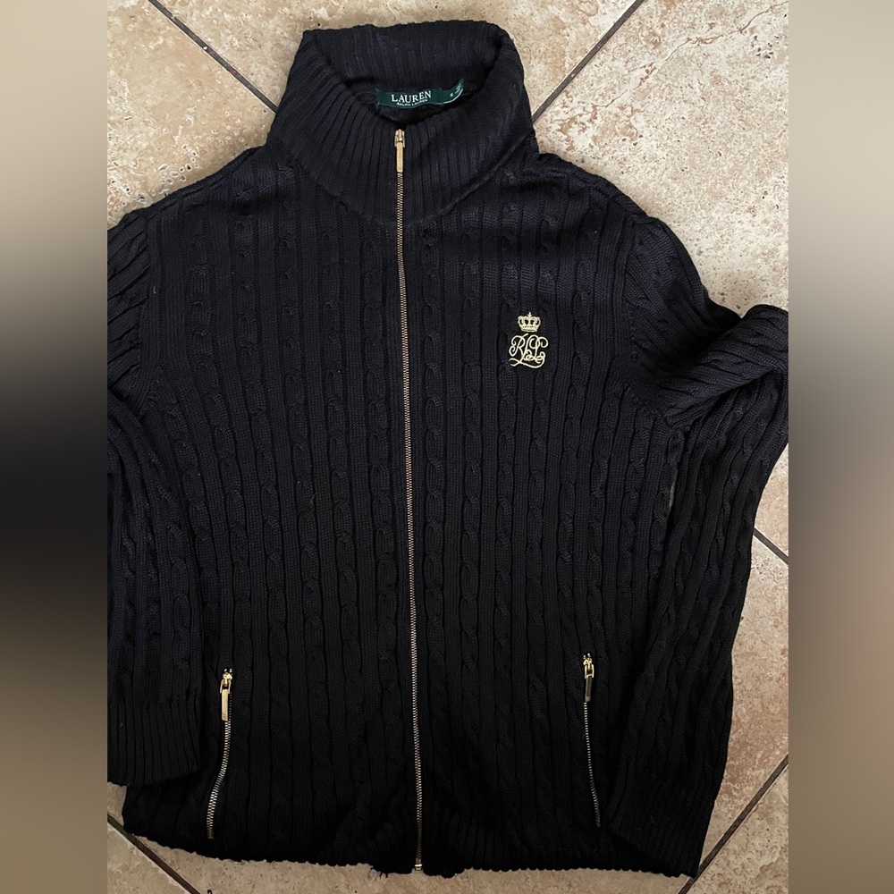 Ralph Lauren Oversized Black Cable-Knit Full-Zip Sweater with Gold Crest